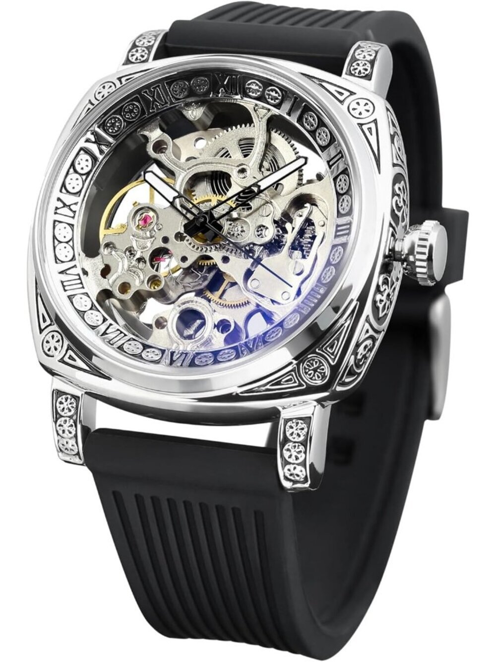 Men's Black Square Mechanical Rubber Buckle Self-Wind Carved Automatic Watch - Picture 1 of 6